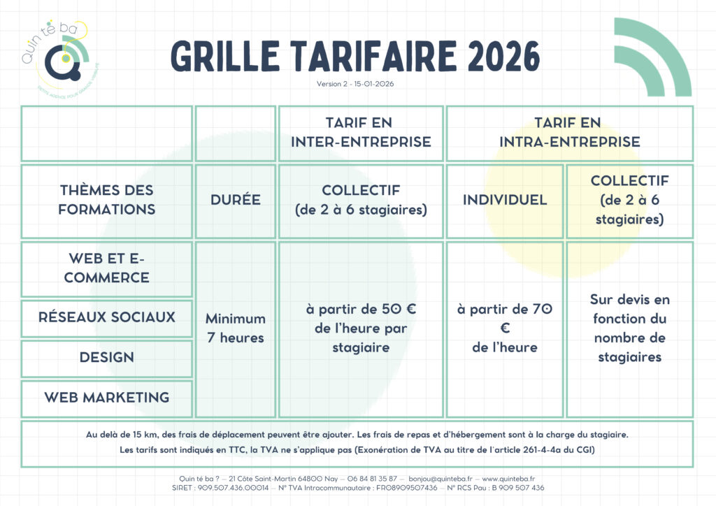 Grille tarifaire formations 2026